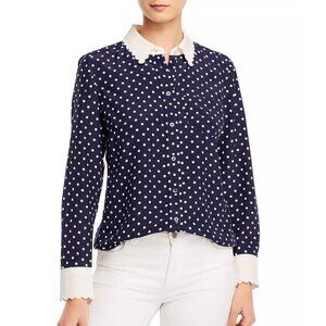 Tory Burch Navy Polka Dot Cream Scallop Silk Blouse